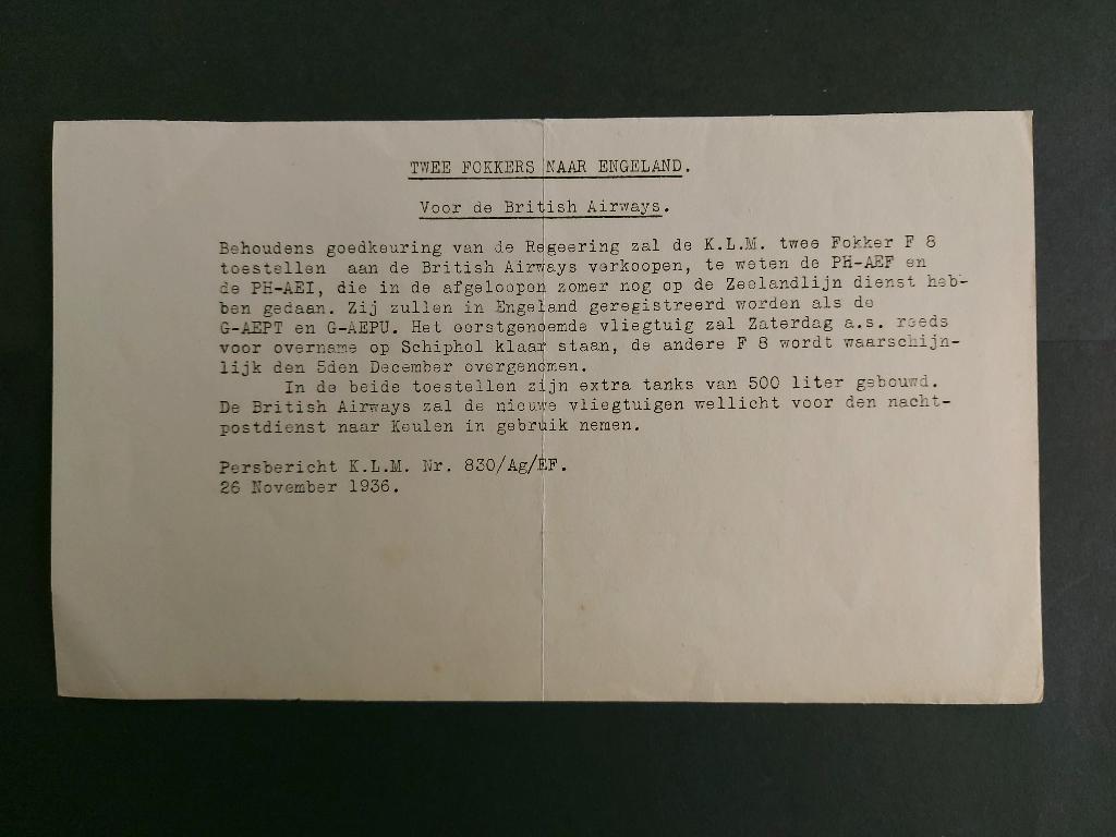 KLM persbericht “Twee Fokkers naar Engeland” uit 1936 (K562), Verzamelen, Luchtvaart en Vliegtuigspotten, Ophalen of Verzenden