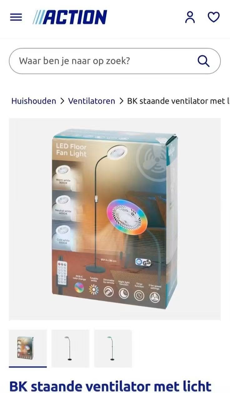 BK staande ventilator met licht Action, Witgoed en Apparatuur, Ventilatoren, Ophalen, Ventilator met afstandsbediening, Zo goed als nieuw