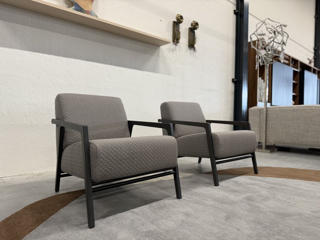 2 nieuw Splinter fauteuils cross stof Design stoel Grijs, Harvink, Info@harvink.nl, Nieuw, 75 tot 100 cm