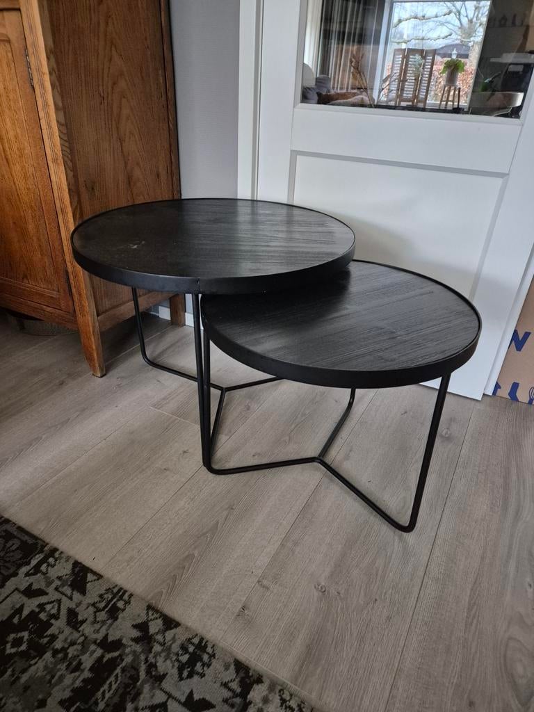 Set van 2 Zwarte Salontafels - Metaal & Hout, Gebruikt, Rond, 55 tot 75 cm, Industrieel