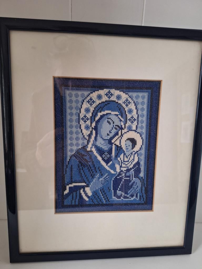 Geborduurd maagd Maria en Jezus in blauw tinten, Ophalen of Verzenden