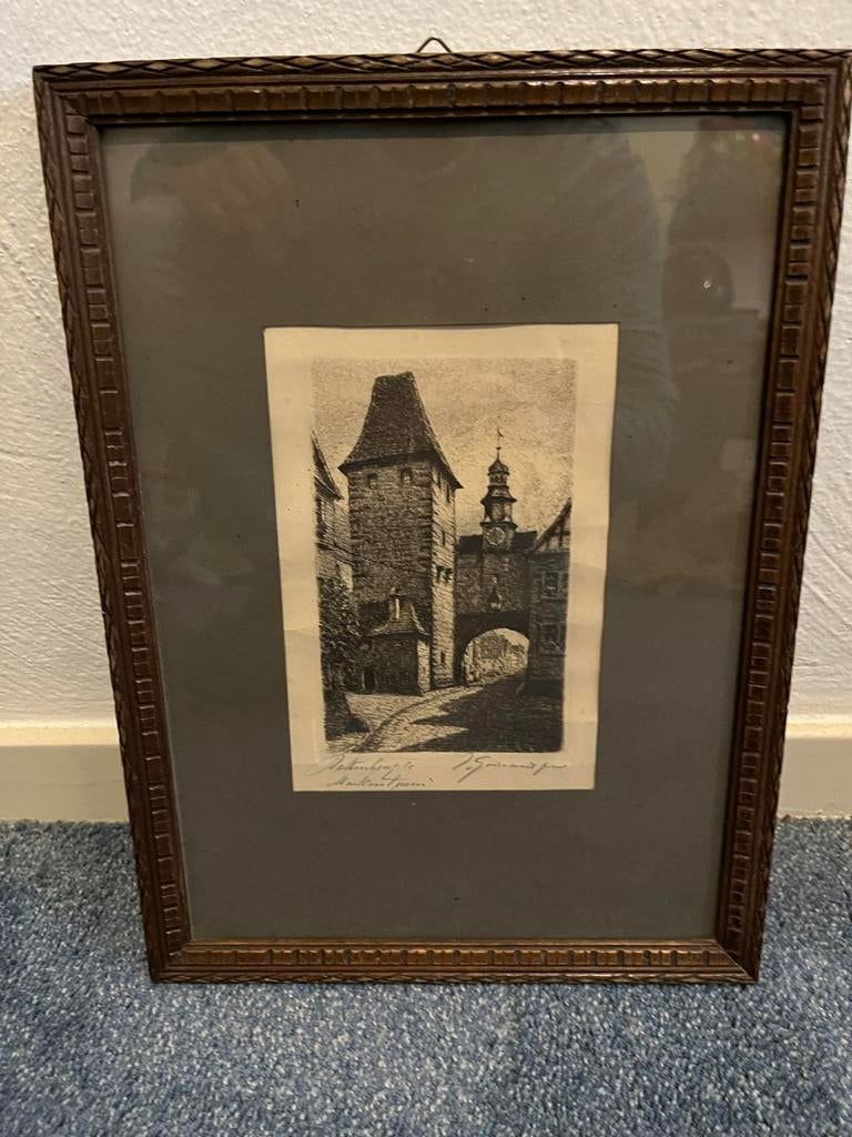 Oude gravure van Rothenburg ob der Tauber, Antiek en Kunst, Kunst | Etsen en Gravures, Ophalen