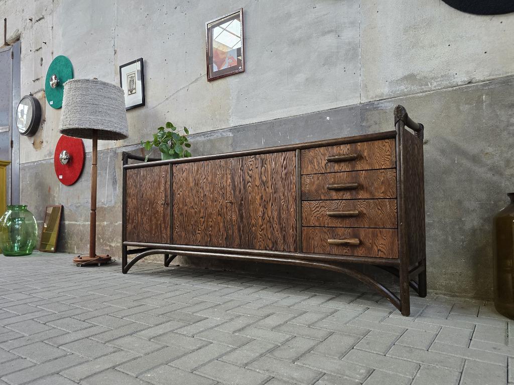 Jaren 70 Bamboe & Hout Lowboard | Retro Groot Dressoir Kast