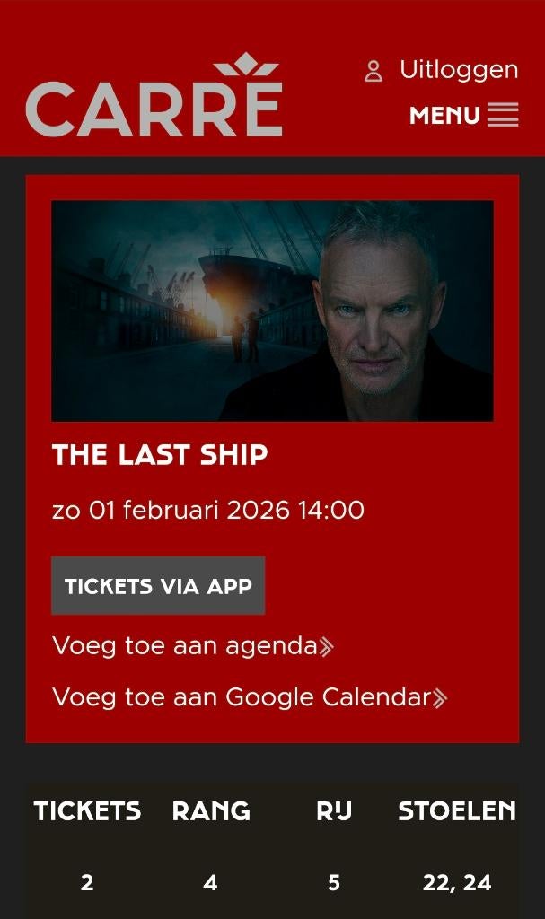 Sting in Carré!  2x ticket voor vanmiddag! The Last Ship, Tickets en Kaartjes, Twee personen, Februari