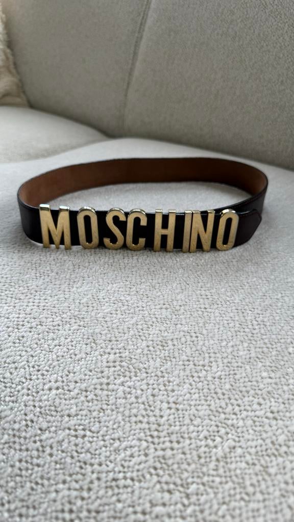 Moschino Riem - Bruin Leder, Goud Logo - Maat 85, 80 tot 90 cm, Bruin, Echt leder, Tailleriem