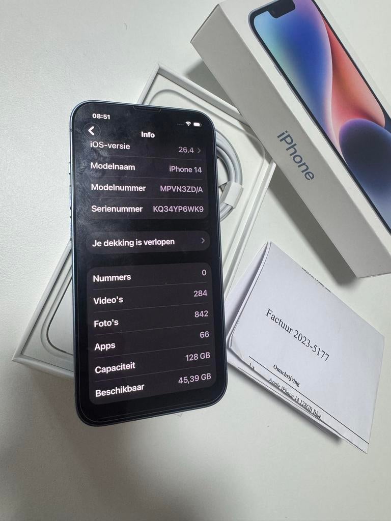 iPhone 14 Blauw 128GB - Zo goed als nieuw met factuur, 128 GB, Blauw, Ophalen of Verzenden, Zo goed als nieuw