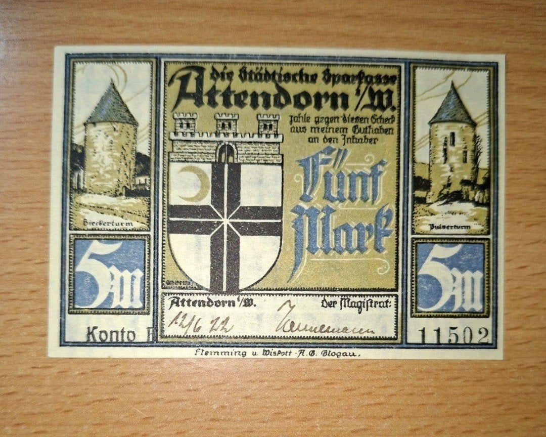 Duits Notgeld Attendorn Noodgeld, Ophalen of Verzenden, Duitsland