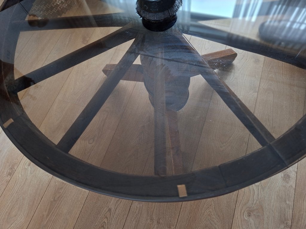 Salontafel rond  / antiek karrewiel, Ophalen, 50 – 75, 50 tot 100 cm, 50 tot 100 cm