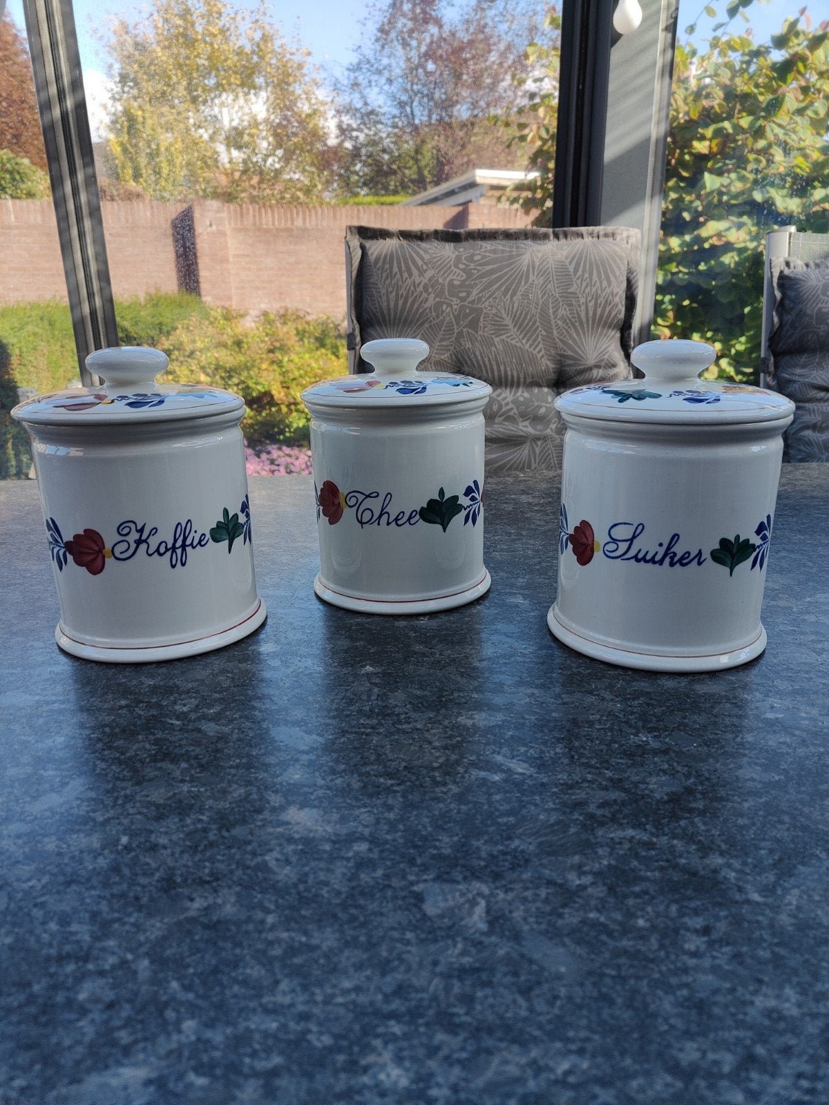 Boerenbond servies: voorraadpotten koffie, thee, suiker, Ophalen, Zo goed als nieuw, Voorraadpot, Steen/keramiek