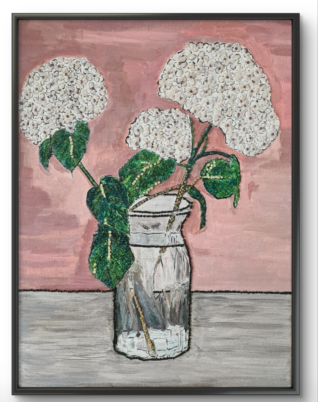 Uniek schilderij met hortensia's in vaas, Ophalen