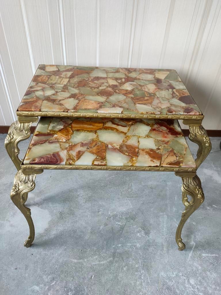 Twee marmeren miniset tafeltjes, Huis en Inrichting, Tafels | Bijzettafels, Ophalen, Rond, Minder dan 55 cm, 45 tot 60 cm