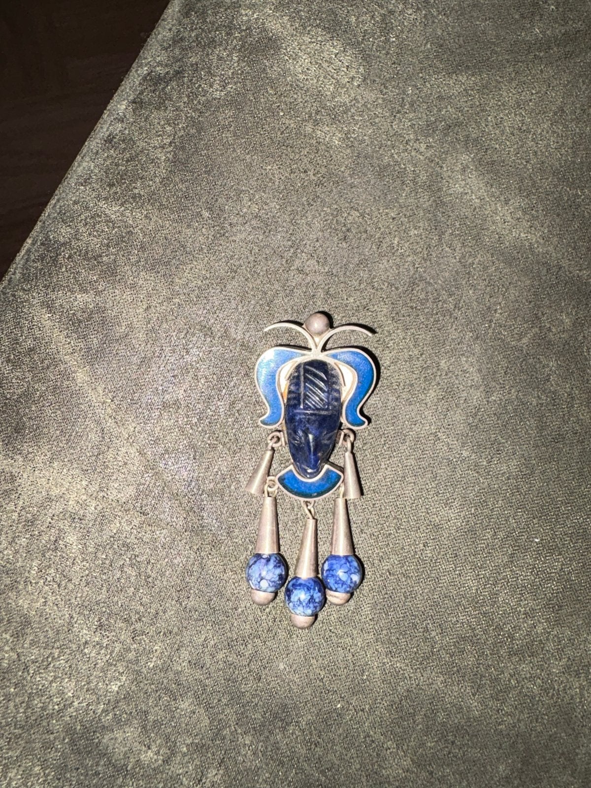 Vintage Mexicaanse Zilveren Broche met Blauwe Steen Masker, 4 tot 7 cm, Gebruikt, Blauw, Ophalen of Verzenden
