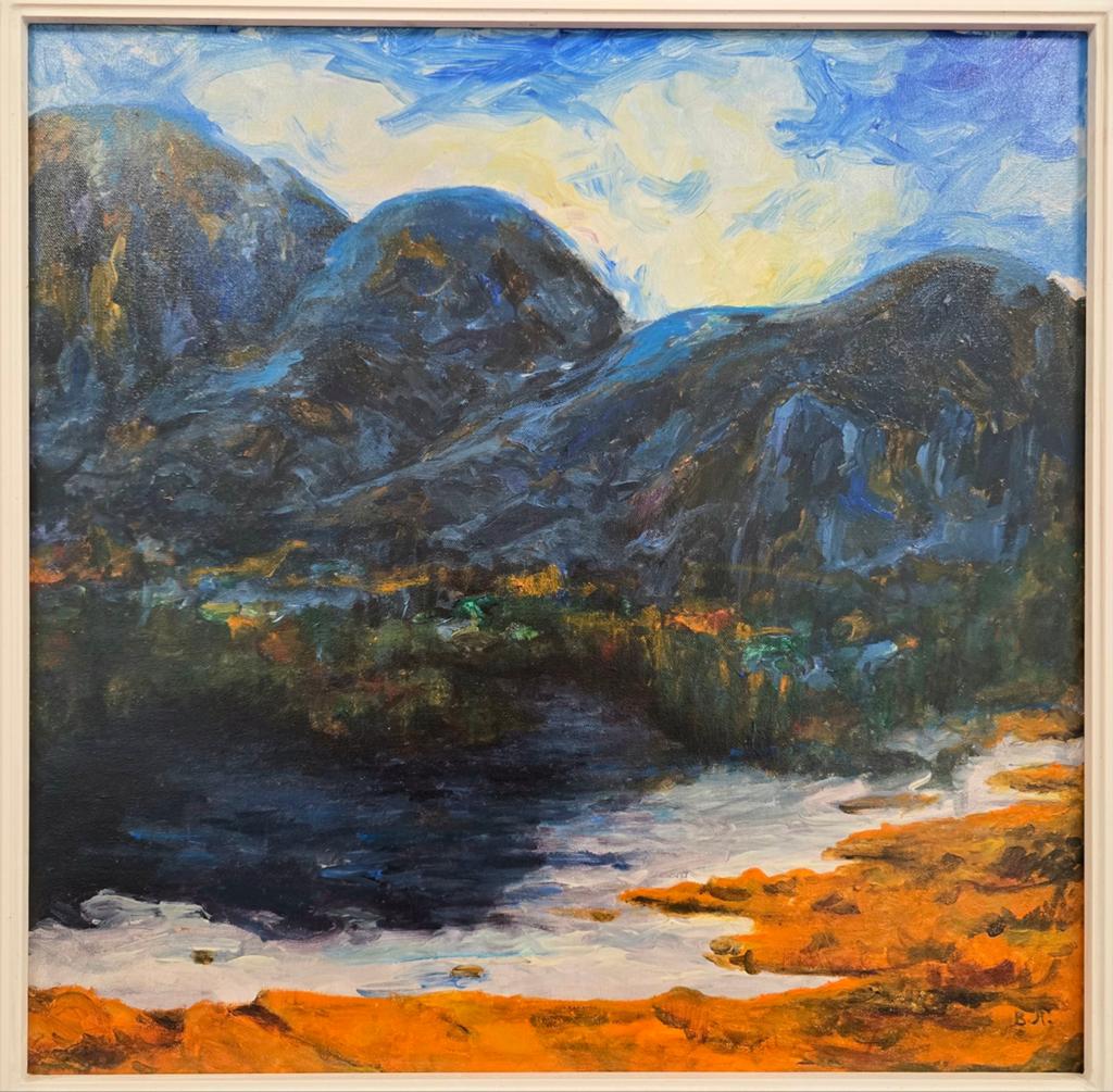 GROOT OLIEVERF SCHILDERIJ Bergen landschap blauw Gogh kunst, Ophalen