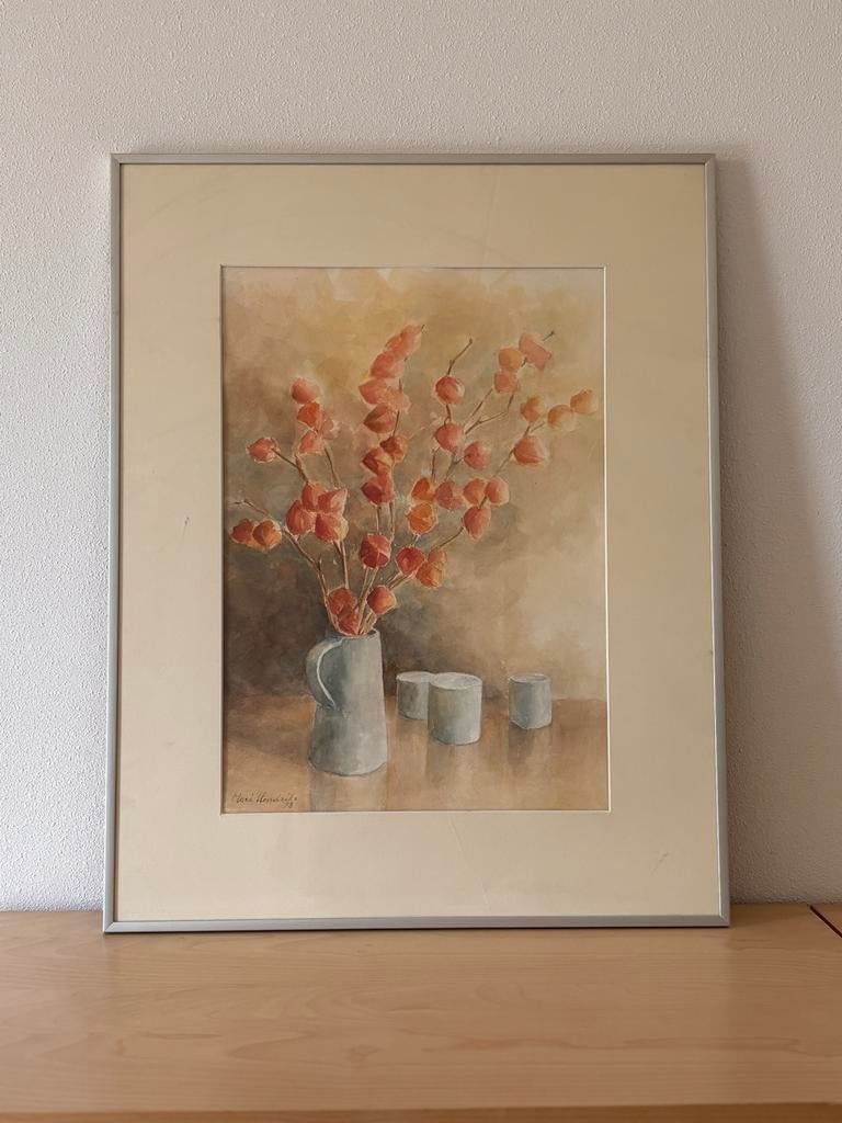 Aquarel Mari Hendriks '98 - Lampionplant in vaas, Ophalen