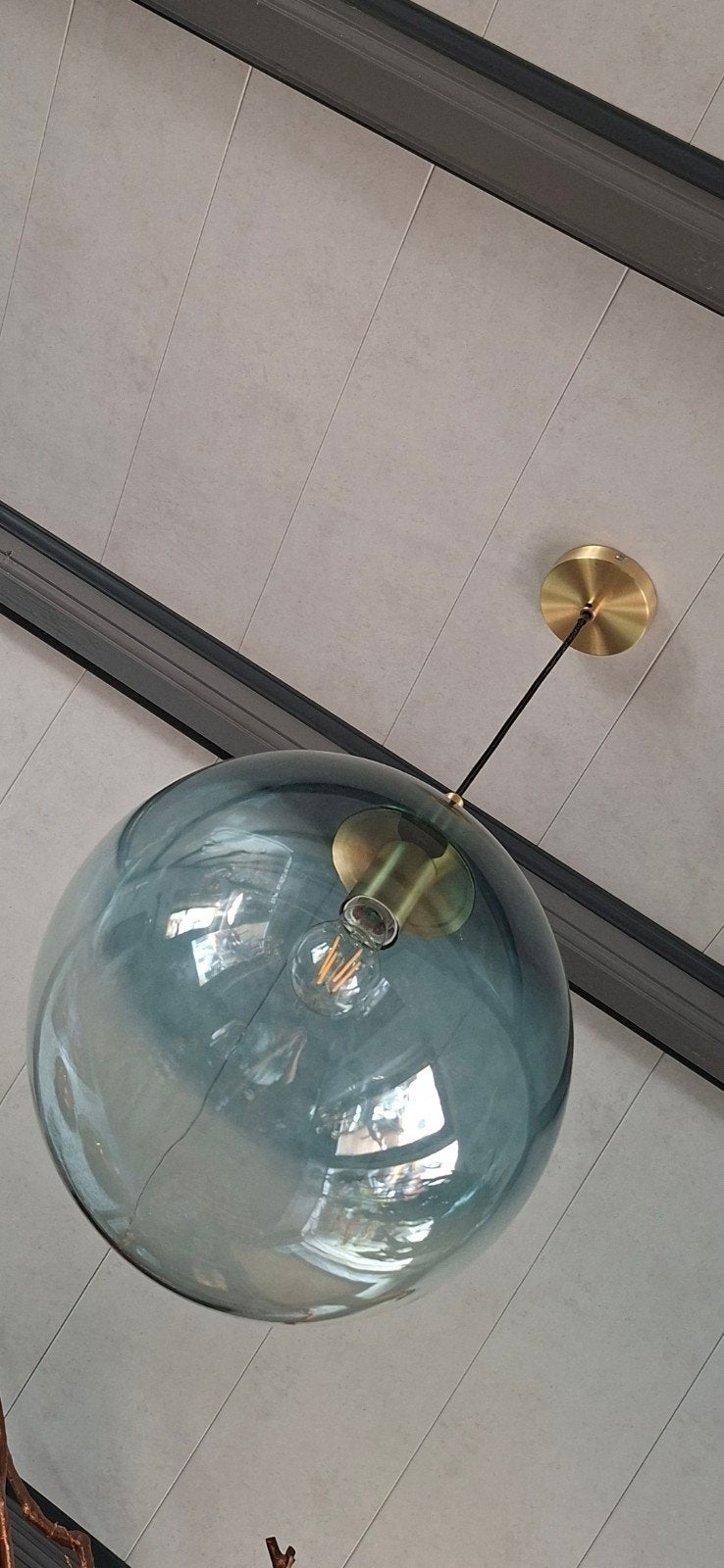 blauw glazen hanglamp met messing, Ophalen, Glas