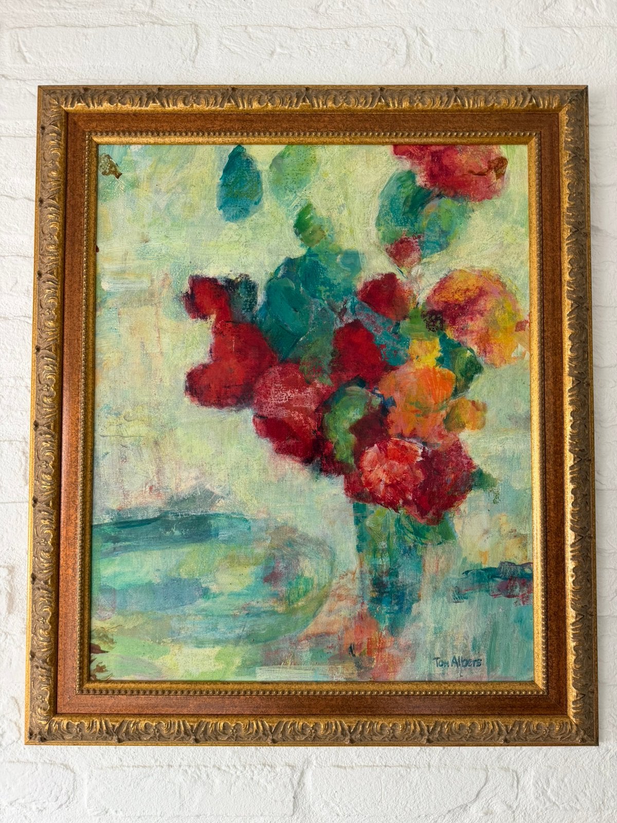 Kleurrijk olieverfschilderij bloemen door Ton Albers, Paneel, Impressionistisch, Ophalen of Verzenden, Olieverf