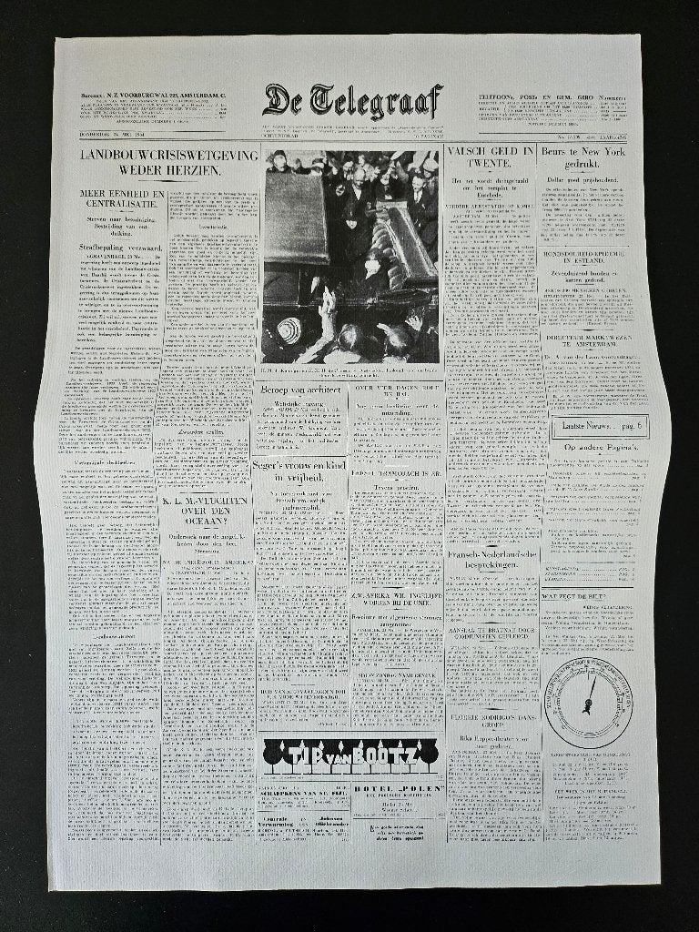 afdruk van historische voorpagina Telegraaf van 24-5-1934, Ophalen of Verzenden, 1920 tot 1940, Nederland, Knipsel(s)