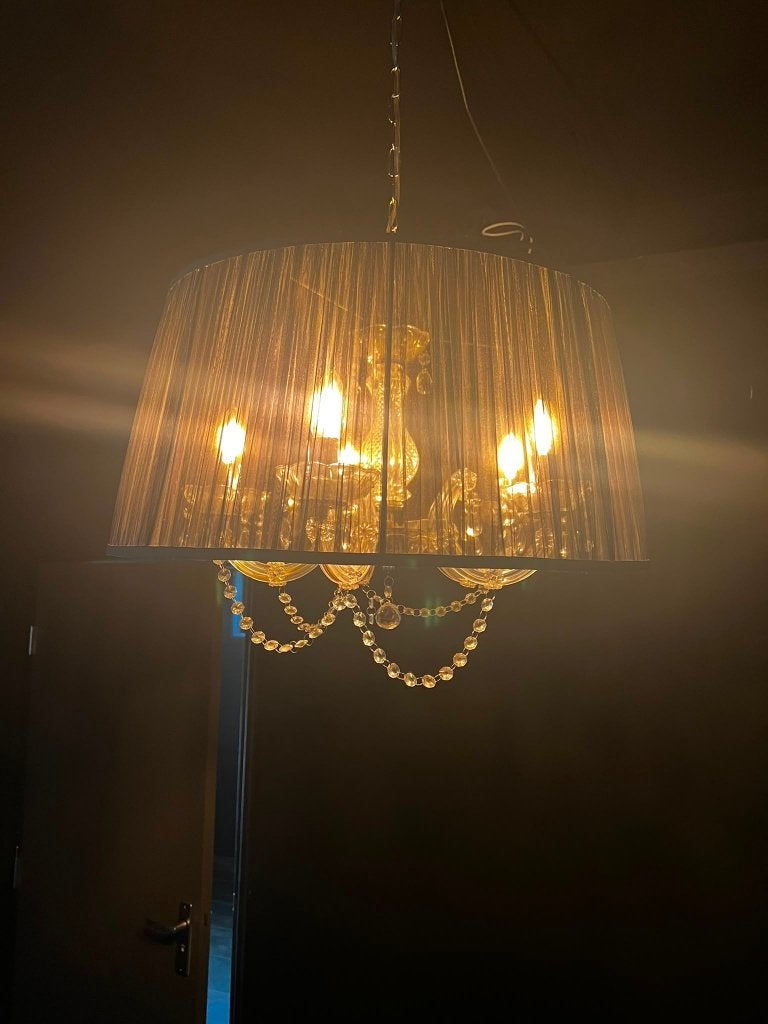 kristallen kroonluchter met stoffen kap, Ophalen, E14 (klein), Zo goed als nieuw, Glas