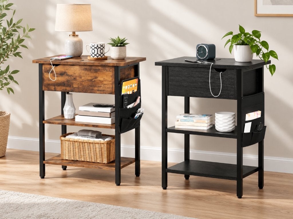 Bijzettafel met Stopcontact & USB-60 x 31.5 x 60 cm-Bruın, Huis en Inrichting, 50 tot 100 cm, Ophalen of Verzenden, Zo goed als nieuw