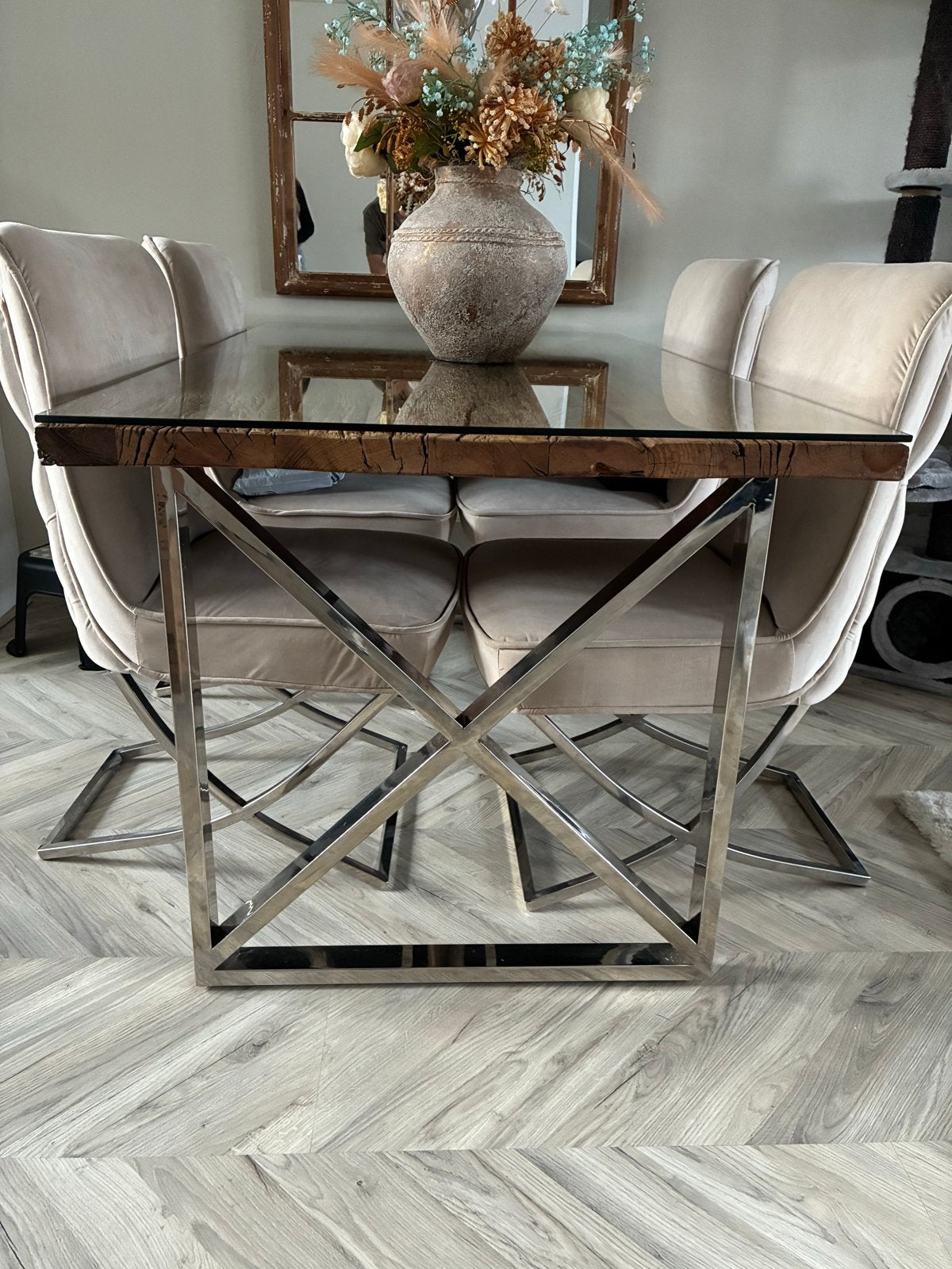 Rixos Eettafel wagonhout met glasplaat, Ophalen, 100 tot 150 cm, 50 tot 100 cm, Zo goed als nieuw