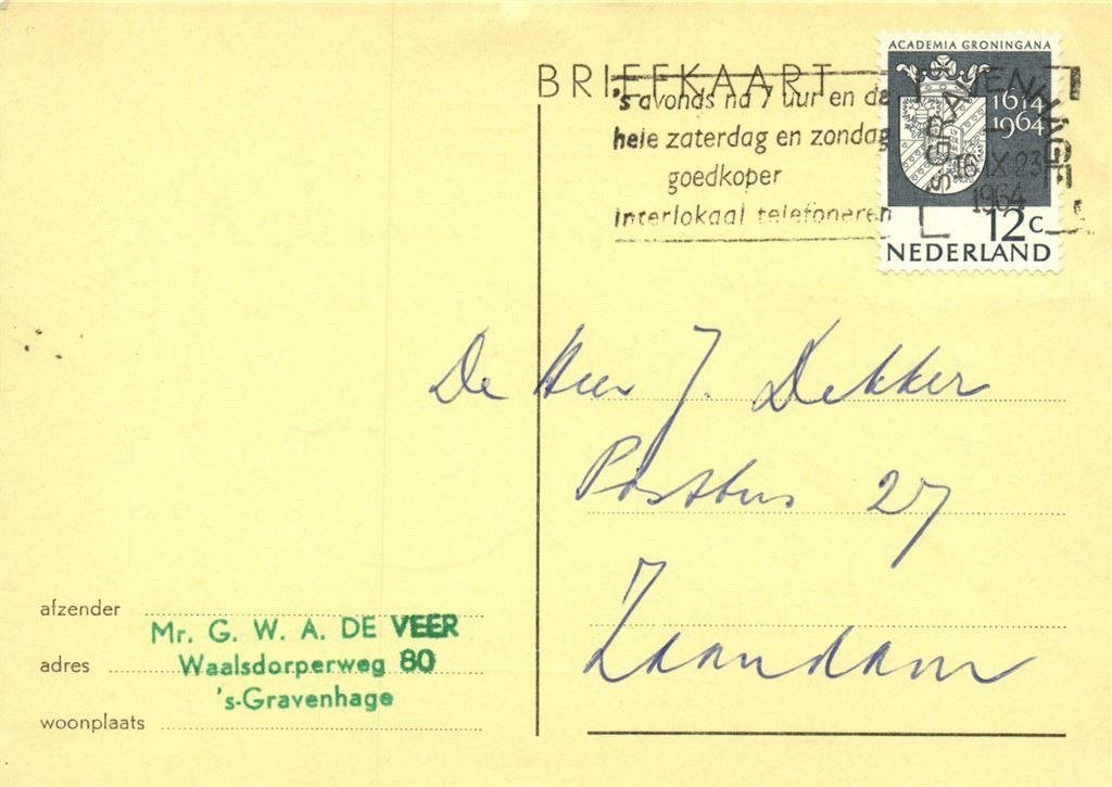 Mr. G.W.A. de Veer, s-Gravenhage - 09.1964 - briefkaart, Ophalen of Verzenden, Briefkaart