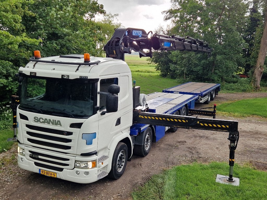 Scania G410 8x2 Euro 6 + Effer 525/6S + GS Meppel aanhanger, Auto's, Vrachtwagens, Automaat, Euro 6, Scania, Wit