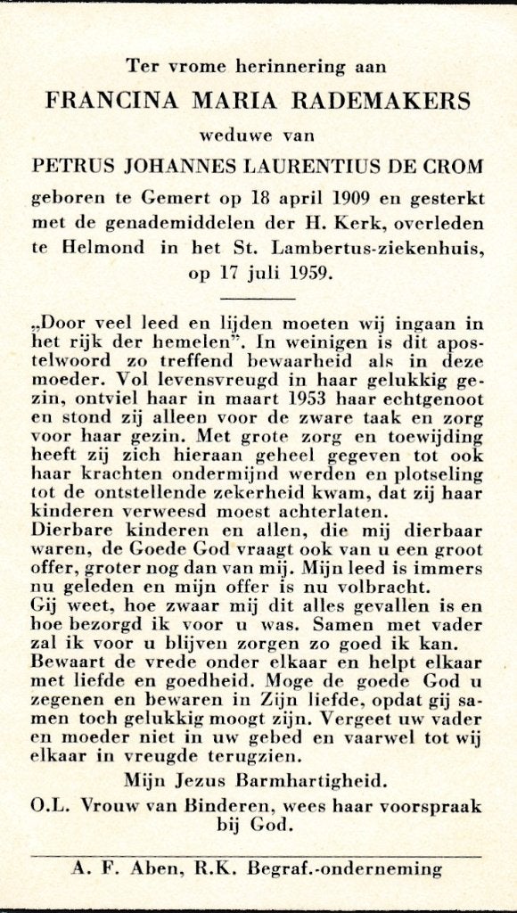Rademakers Francina 1909 Gemert 1959 Helmond, Ophalen of Verzenden, Bidprentje