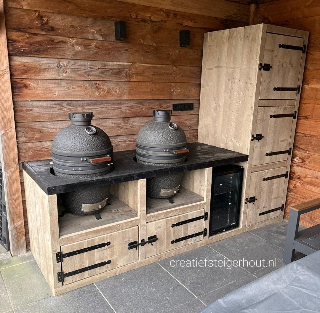 Buitenkeuken steigerhout kamado egg koelkast overkapping, Tuin en Terras, Buitenkeukens, Verzenden, Nieuw, Houtskool, Vrijstaand