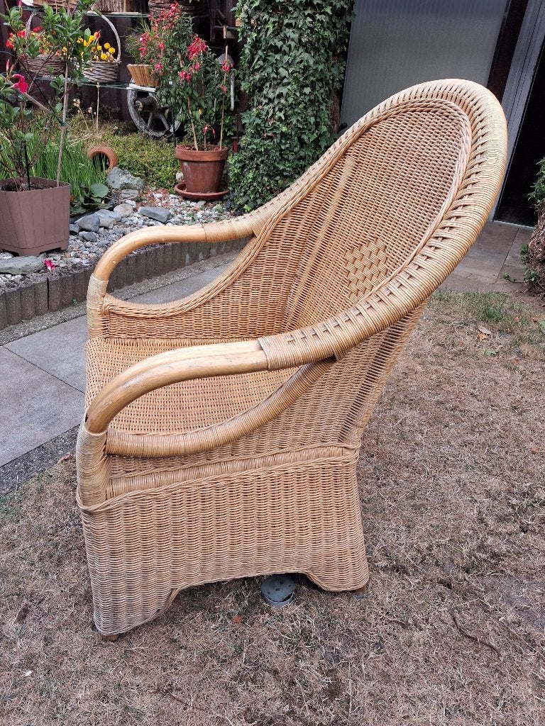 Rieten leunstoel, Huis en Inrichting, Stoelen, Ophalen, Bruin, Riet of Rotan, Zo goed als nieuw