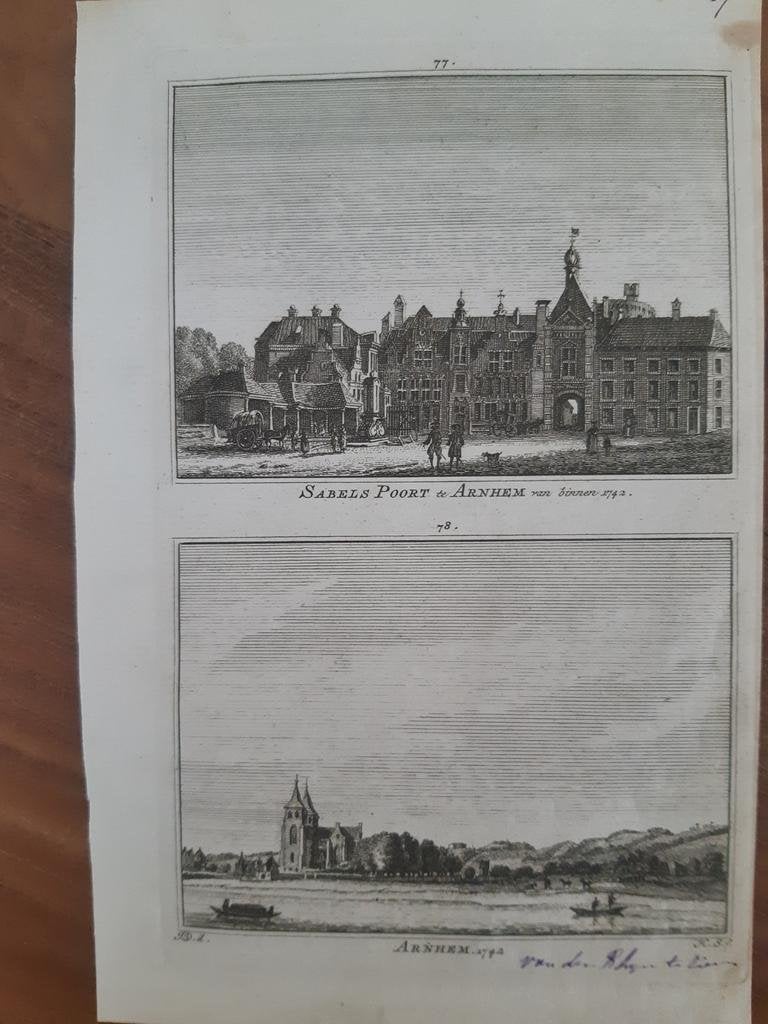 A77-78 / Sabelpoort te Arnhem + stad Arnhem gravure uit 1745, Ophalen of Verzenden