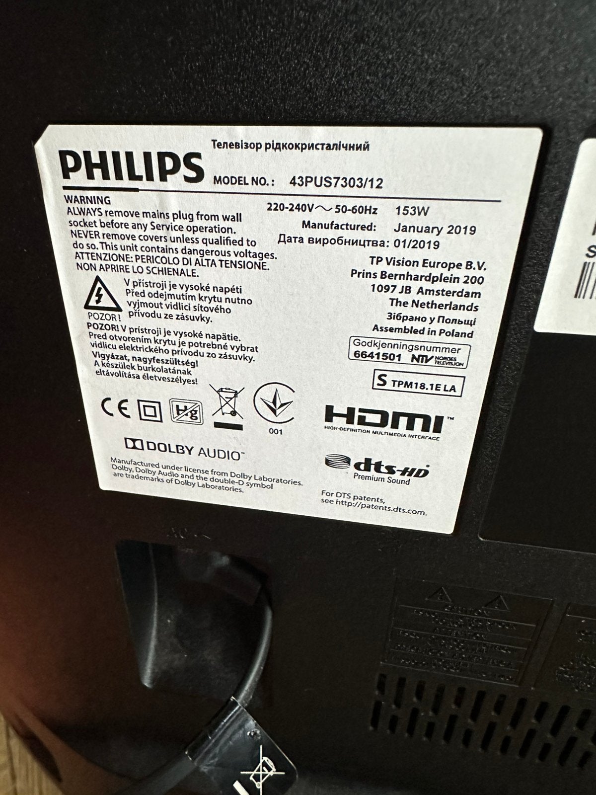Philips 43PUS7303/12 – Voor onderdelen (Moederbord ok), Ophalen, Niet werkend
