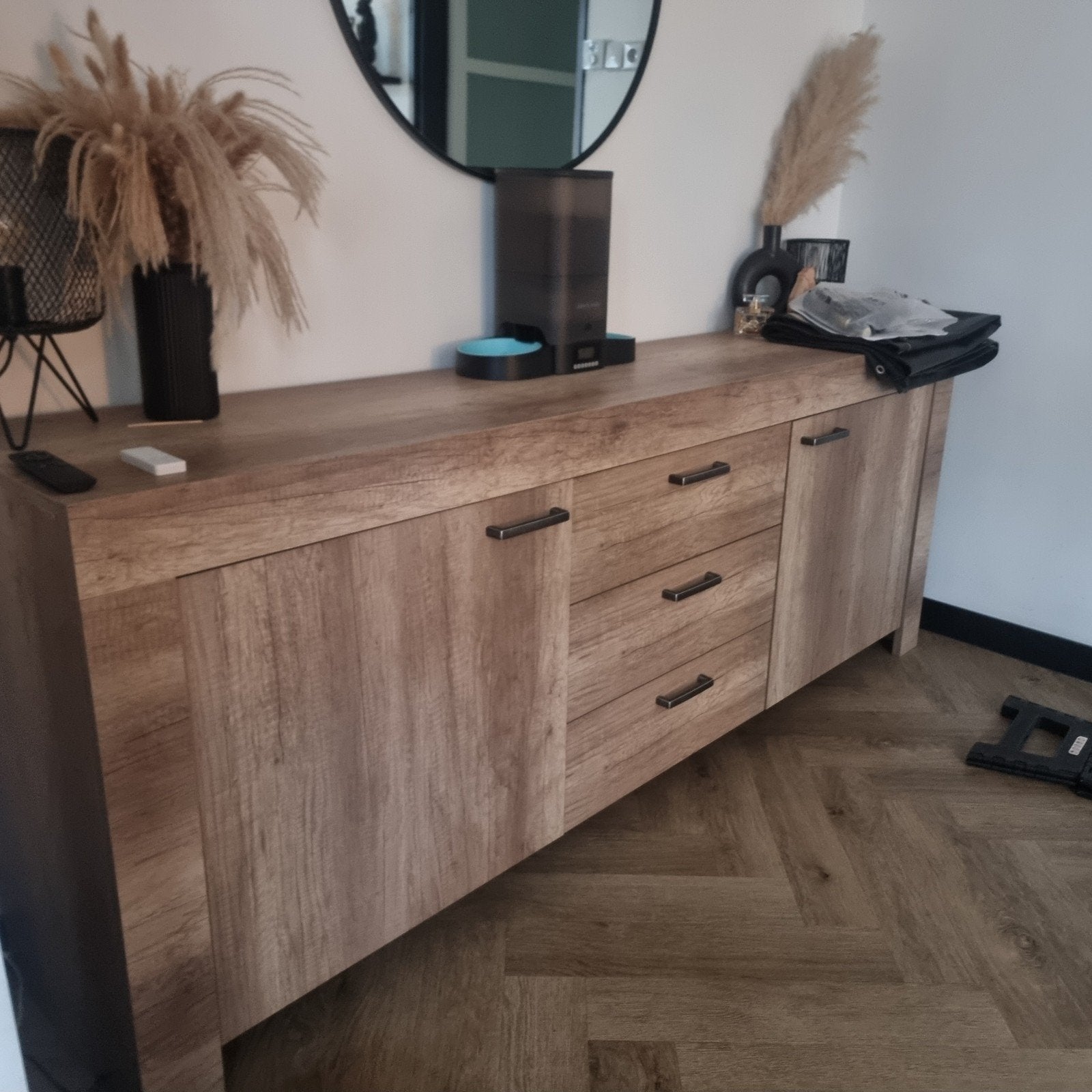Modern dressoir met lades en deuren - Houtlook, Ophalen, Met lade(s), 150 tot 200 cm, Zo goed als nieuw