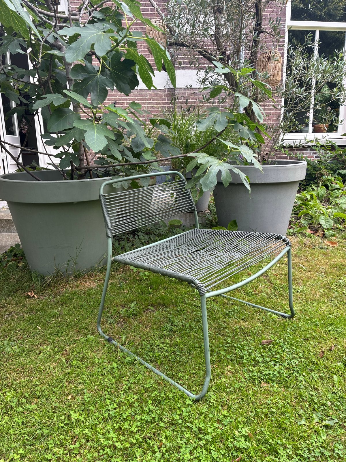 Groene tuinstoel met metalen frame en kunststof touw, Ophalen, Gebruikt, Kunststof