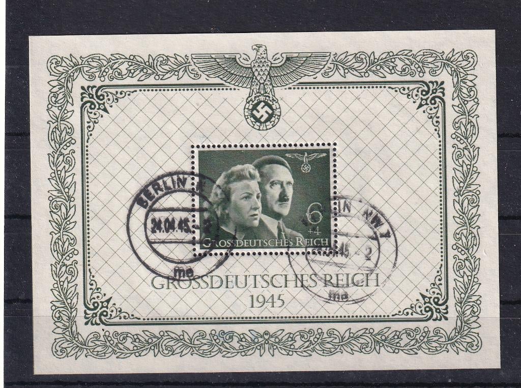 D83) 1945 Eva Braun/A.H. blokje spec uitg huwelijk geen gar, Verzenden, Duitse Keizerrijk, Gestempeld