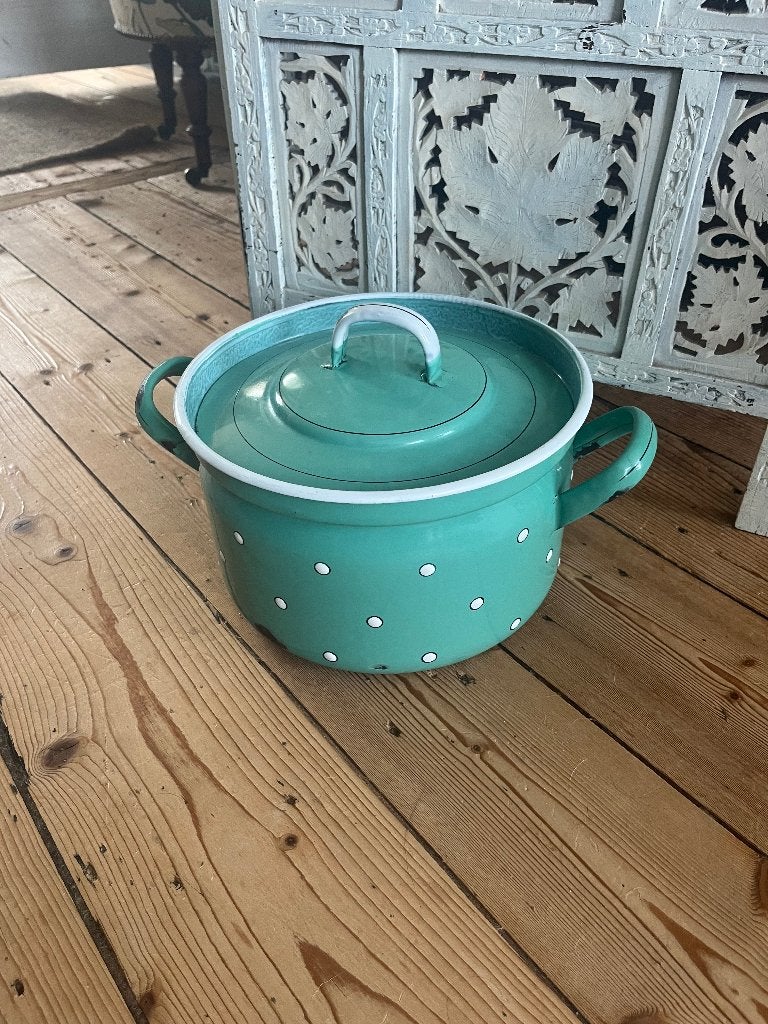 Grote zeegroen geëmailleerde pan met stippen, Gebruikt, Met deksel, Ophalen of Verzenden, Kookpan