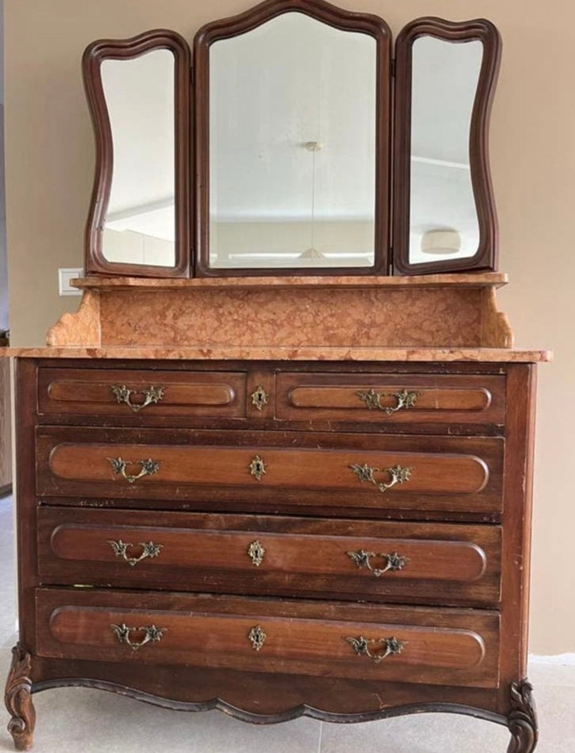 Antieke ladekast commode kaptafel marmer blad incl spiegel, Ophalen, Zo goed als nieuw
