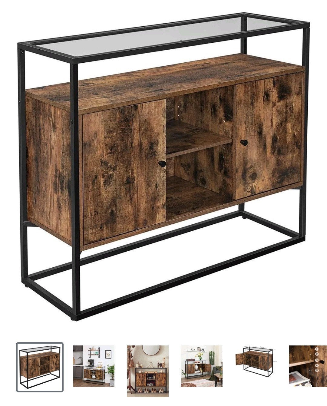 Songmics/Vasagle Sideboard Rustiek Bruin en Zwart, Huis en Inrichting, Ophalen, Met deur(en), 100 tot 150 cm, Industrieel, Rustiek, Modern