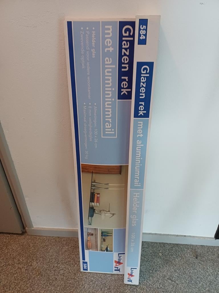 Living Art Glazen Rek met Aluminiumrail - 100x26 cm, Huis en Inrichting, Ophalen, Nieuw