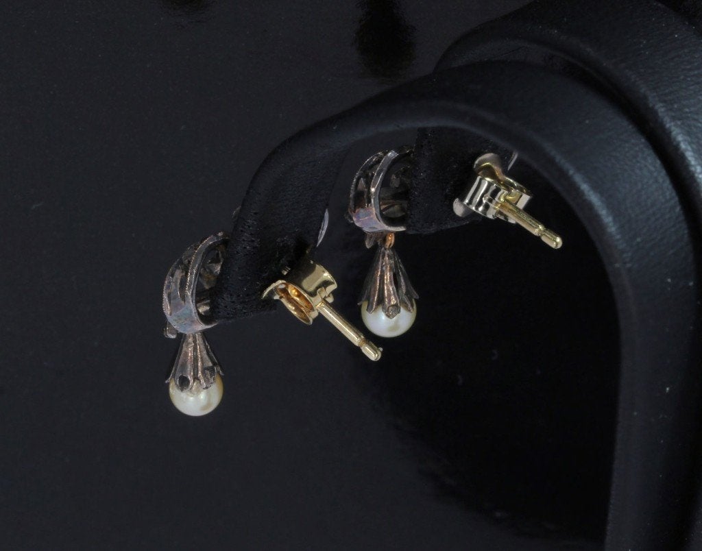 Diamanten parel strik antieke 14k gouden oorbellen zilver, Ophalen of Verzenden, Goud, Oorbellen, Met edelsteen