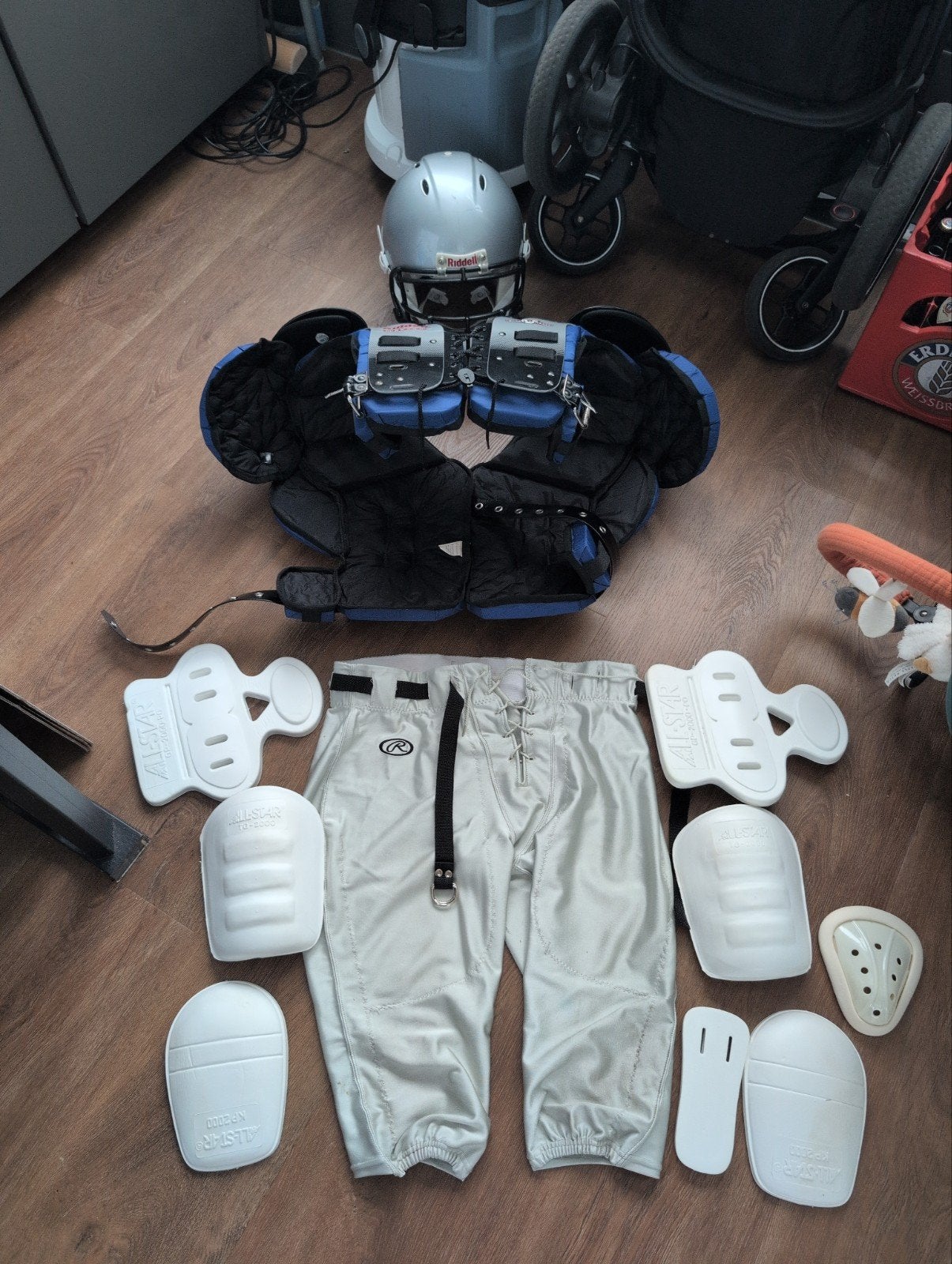 American Football Uitrusting: Helm, Schouderpads, Broek +tas, Ophalen of Verzenden
