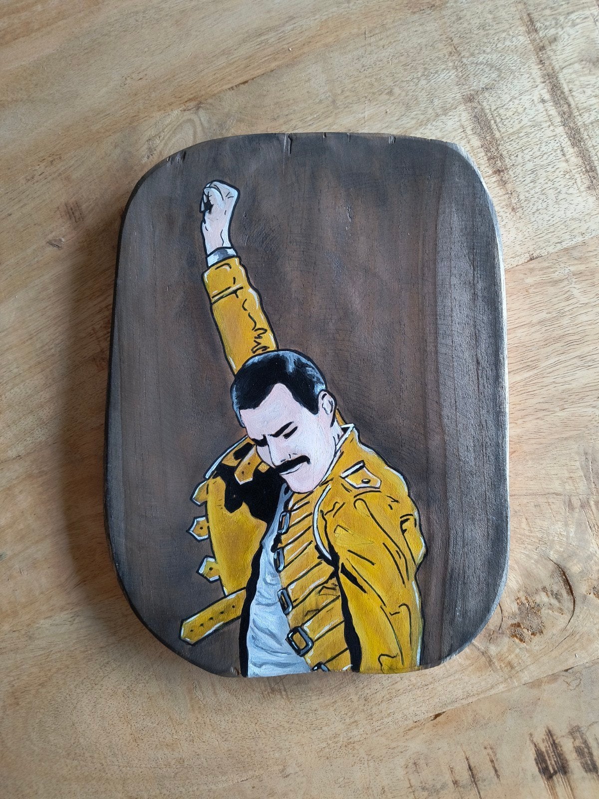 Freddy Mercury - Queen - Geschilderd op houten plankje, Antiek en Kunst, Acrylverf, Hout, Ophalen of Verzenden, Muziek