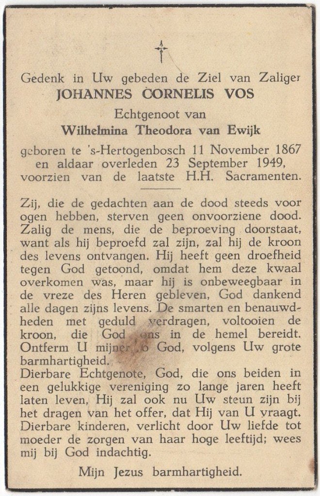 Johannes Cornelis Vos 1867 - 1949 Den Bosch, 81 jaar oud, Verzenden