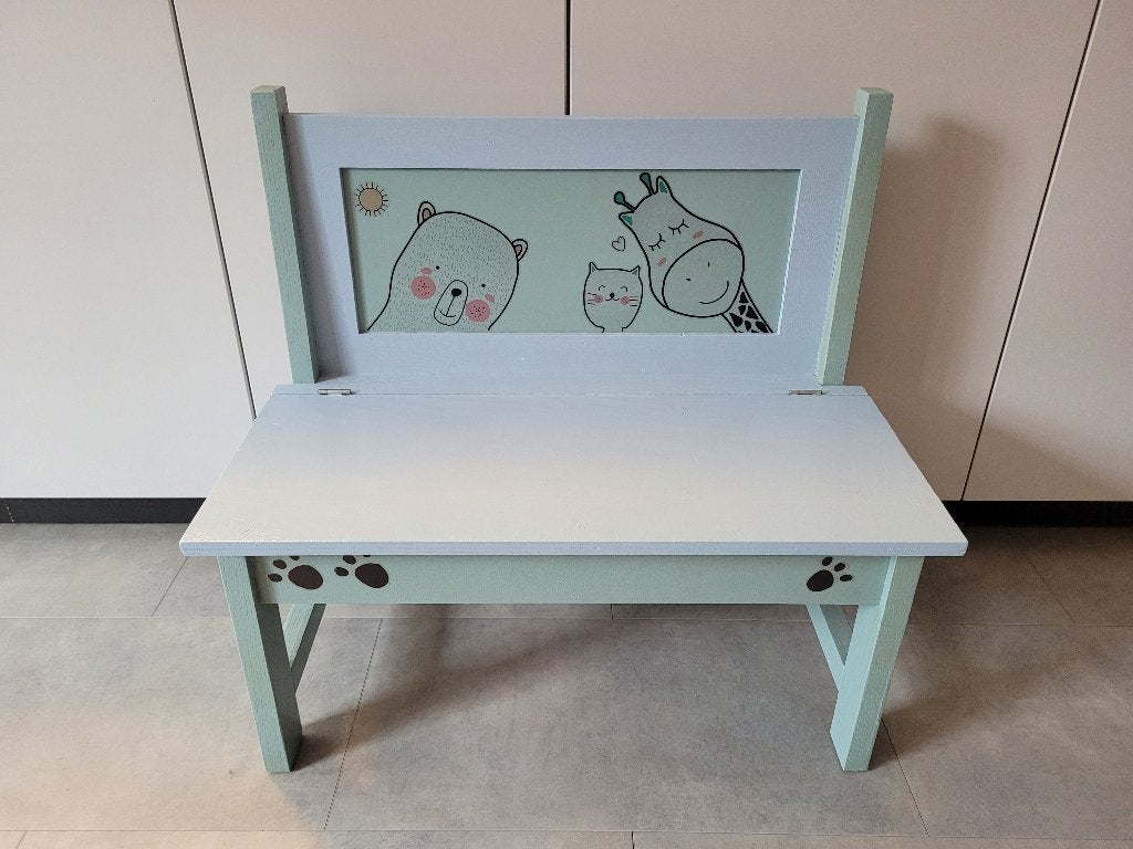 Kinder bankje met opbergvak groen/blauw, Ophalen, Zo goed als nieuw