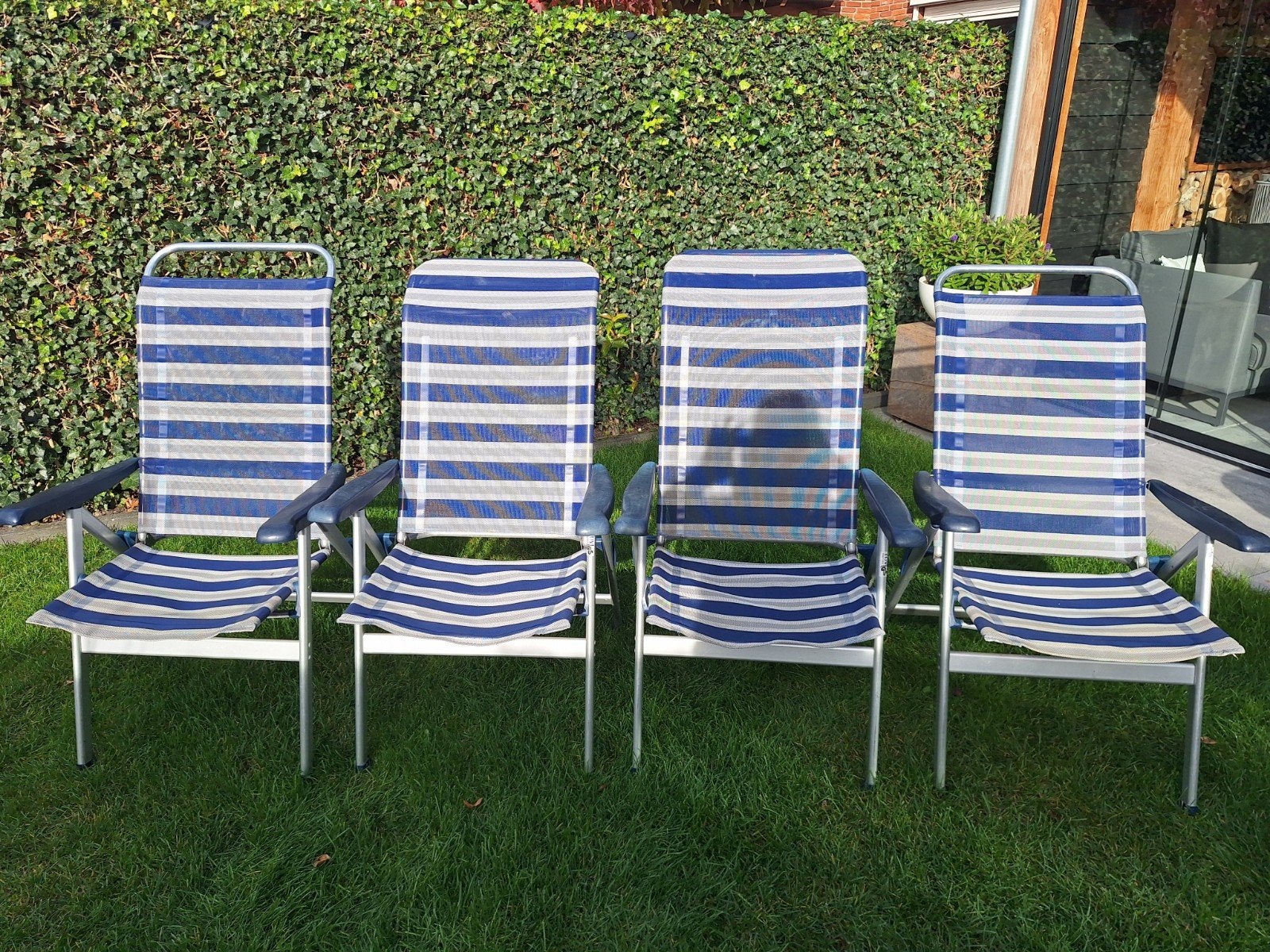 Crespo verstelbare campingstoelen AL 237 blauw wit (4 stuks), Ophalen, Gebruikt, Campingstoel