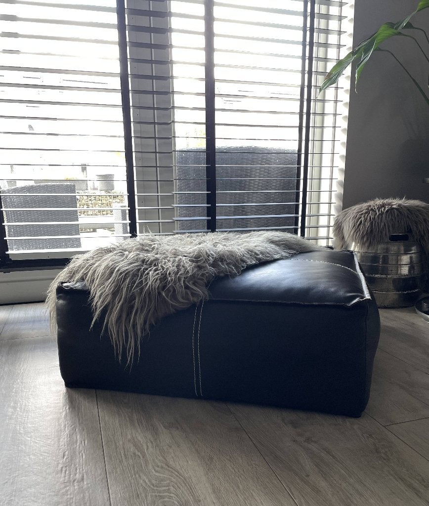 2x Donkerbruine lederen poef 80x80, Ophalen, Gebruikt, Leer, 75 tot 100 cm