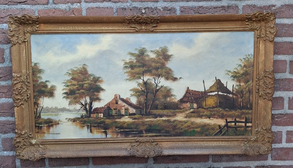 polderlandschap met oude boerderij aan het water, Antiek en Kunst, Doek, Ophalen of Verzenden, Landschap, Olieverf