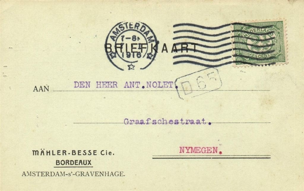 Mahler-Besse Cie. Bordeaux Amsterdam s-Gravenhage - 01.1916, Ophalen of Verzenden, Briefkaart