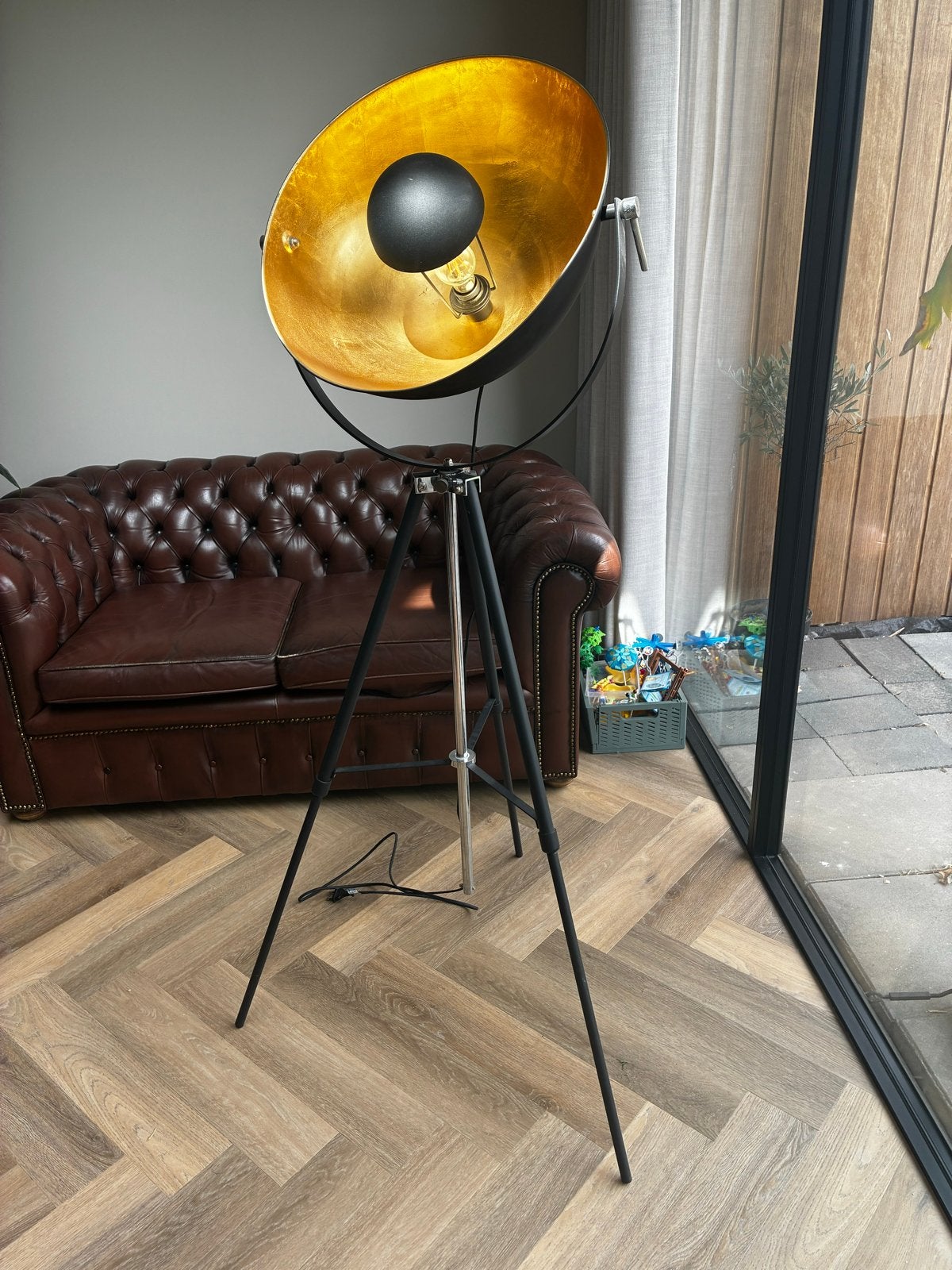 Industriële Staande Lamp - Zwart met Goud, Ophalen, Zo goed als nieuw, 150 tot 200 cm