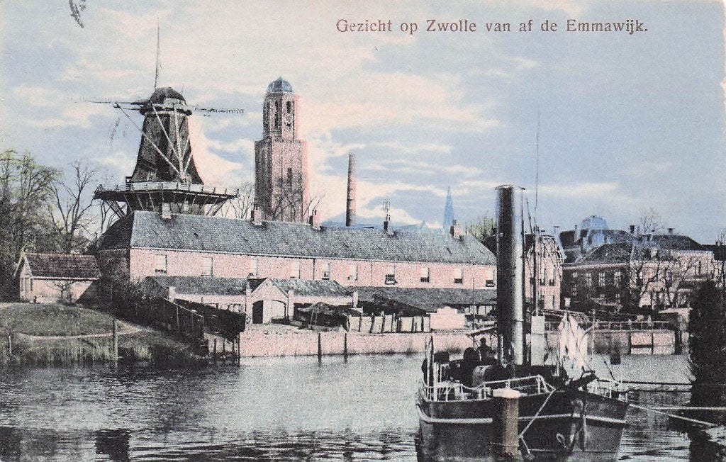 Zwolle - Gezicht op stad vanaf Emmawijk met stoomschip 1908, Ophalen of Verzenden, Voor 1920, Gelopen, Overijssel