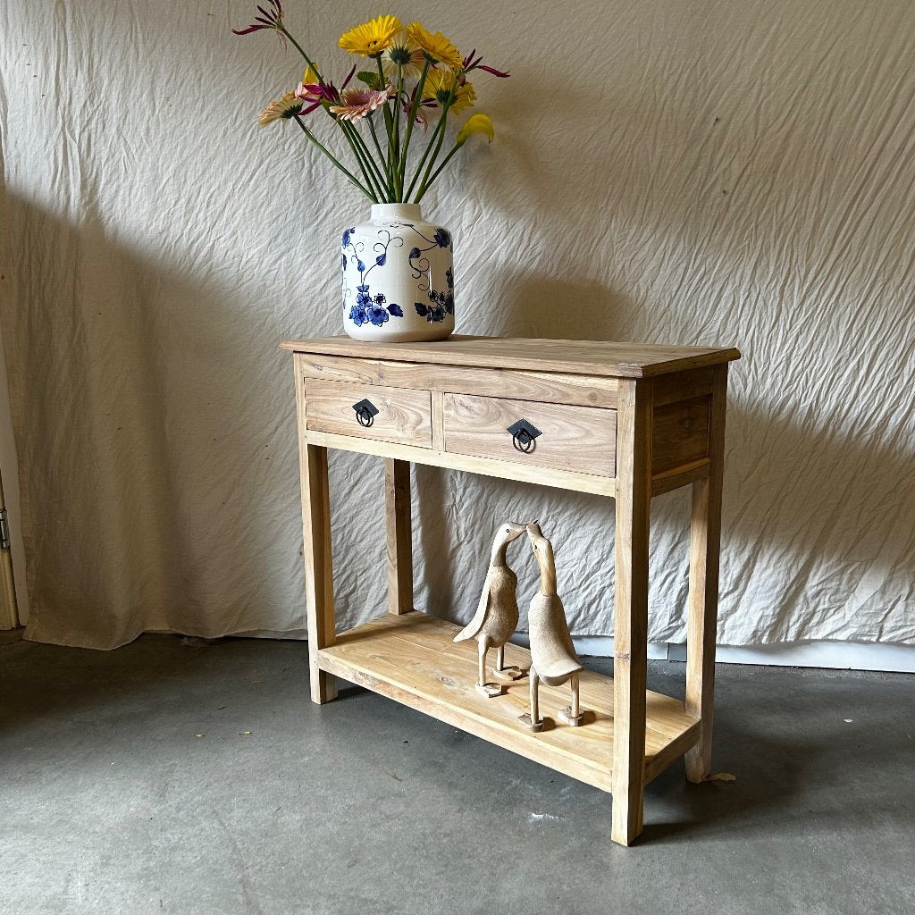 Sidetable - 80 x 30 cm - 2 lades - massief teak - TTM Wonen, TTM Wonen, Meubels – (Perzische) Tapijten en Woonaccessoires, 50 tot 100 cm